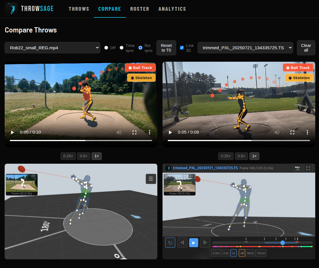 Compare page: two throws side by side, time-synced