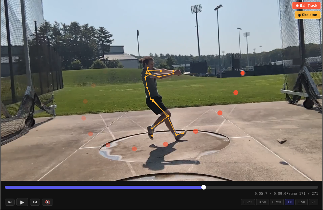 Raw phone video frame with the tracked hammer path drawn over it
