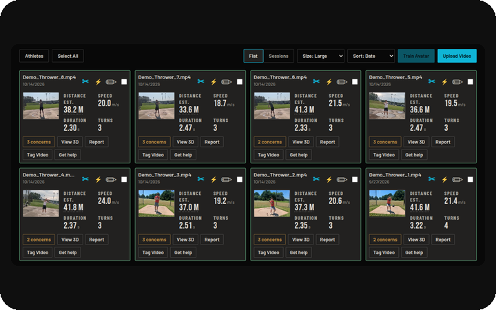 ThrowSage dashboard: a thrower's throws listed as cards with distance, speed, duration and turns, with an Upload Video button