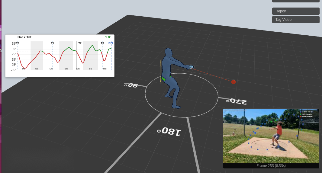 3D viewer during double support: the circle interior is clear and the graph cursor sits in a DS span